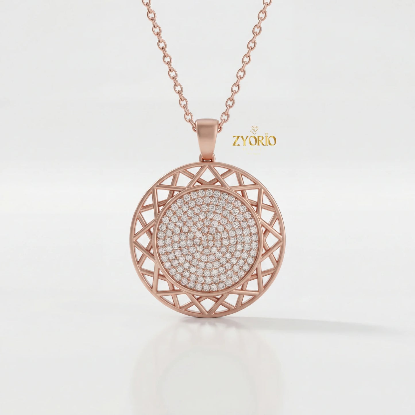 Rose Gold Geometric Openwork Diamond Pendant Necklace Sterling Silver Link Gold Luxury Elegant Modern Engagement Wedding Jewelry