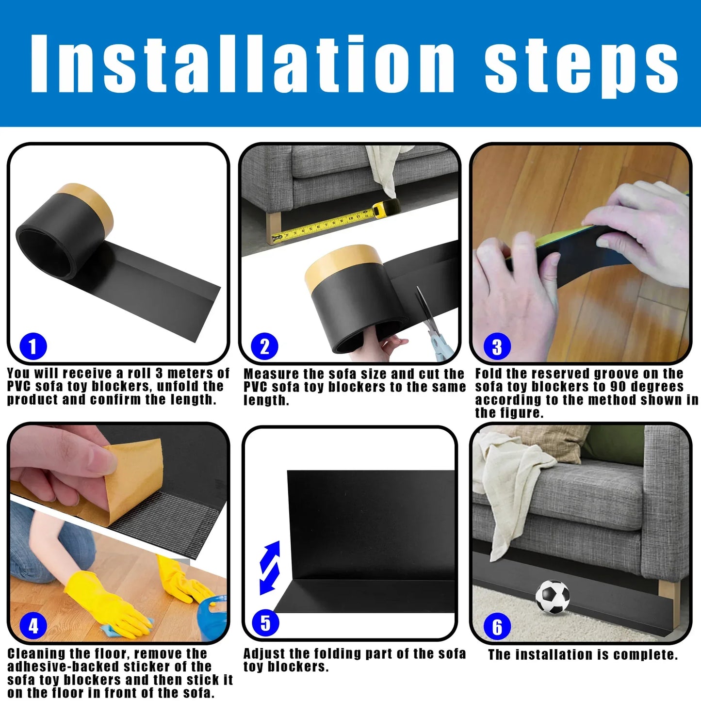 Adjustable PVC sofa backrest - 3 meters, cuttable toy preventer under sofa, easy-to-install sofa bottom panel.