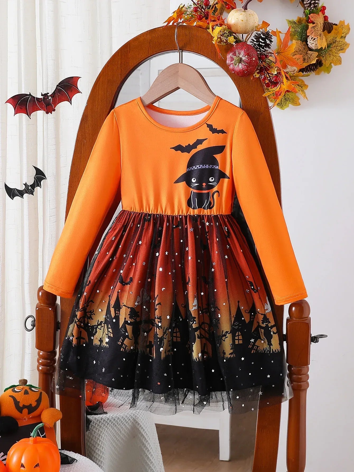 Prowow 2-8Y Kids Purple Halloween Dresses For Girls Long Sleeve Princess Mesh Spooky Spider Dress Children Halloween Costumes