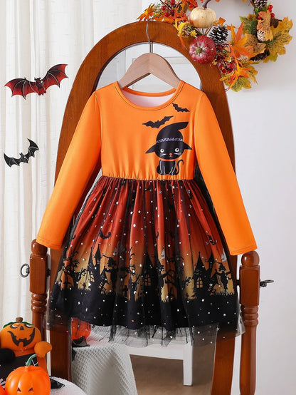 Prowow 2-8Y Kids Purple Halloween Dresses For Girls Long Sleeve Princess Mesh Spooky Spider Dress Children Halloween Costumes