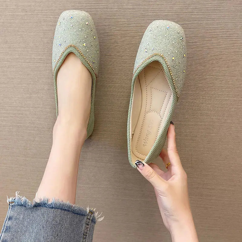 Shoes for Woman 2025 Diamond Flats Women's Summer Footwear Flat Square Toe Pink with Crystals Rhinestone Office 39 Beau Today E