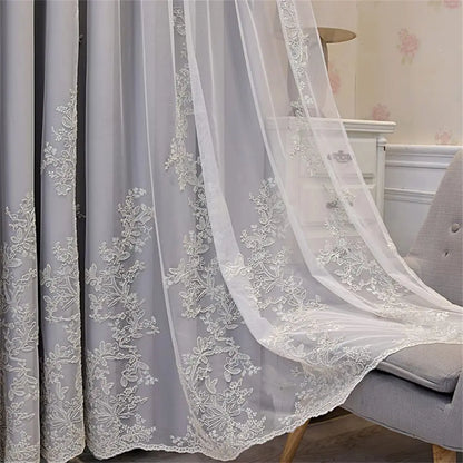 Luxury Beige Double Layer Embroidery Blackout Curtain for Bedroom Living Room European Delicate Sheer Plus Darkening Cloth Drape
