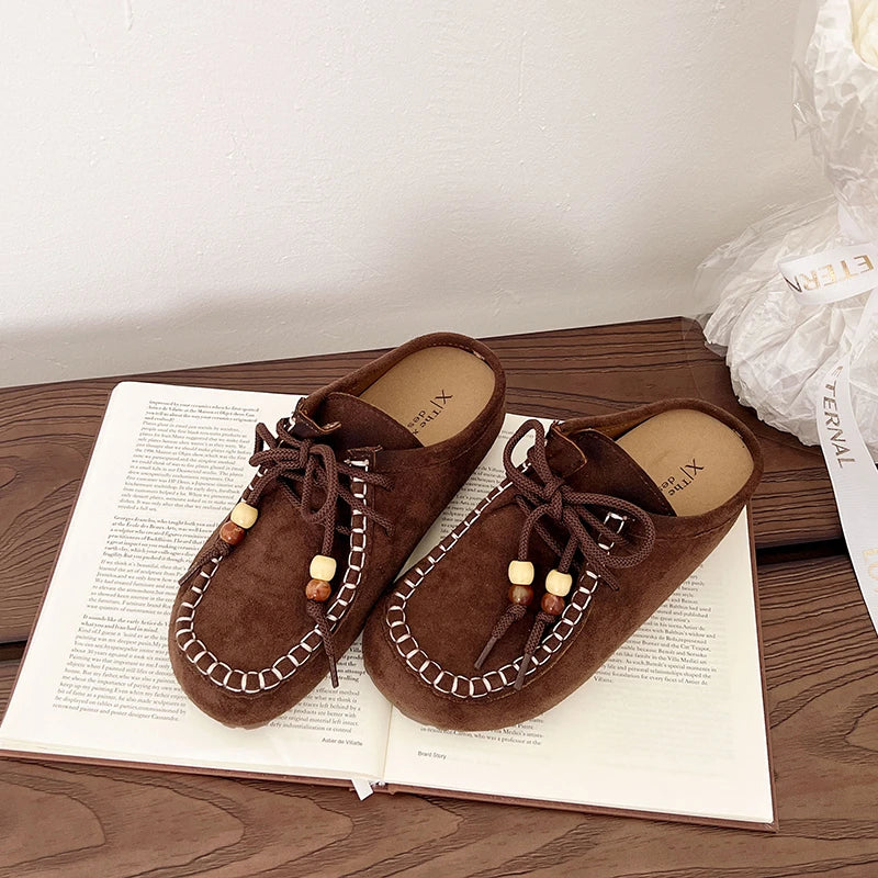 Baotou Slippers Spring New Round Head Deep Mouth Cow Suede Beaded Metal Buckle Soft Sole Anti-slip Wear-resistant Flat Shoes