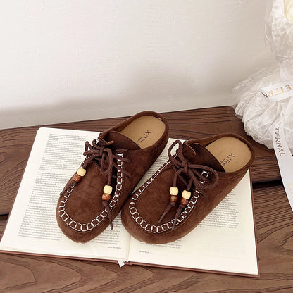 Baotou Slippers Spring New Round Head Deep Mouth Cow Suede Beaded Metal Buckle Soft Sole Anti-slip Wear-resistant Flat Shoes