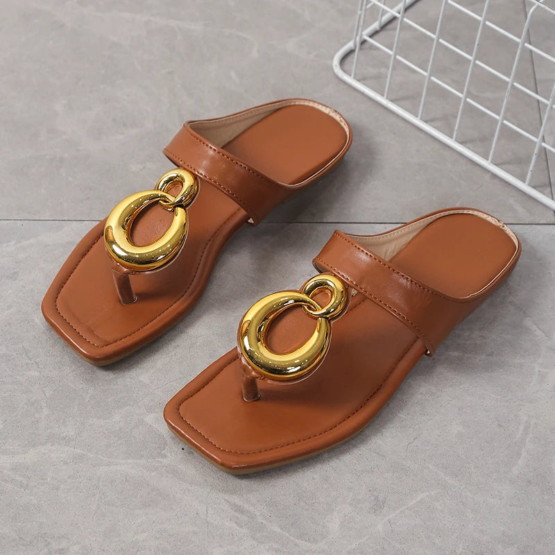 Fashionable Metal Buckle Square Toe Sandals Women's Summer New Open Toe Versatile Lazy Flat Women's Shoes