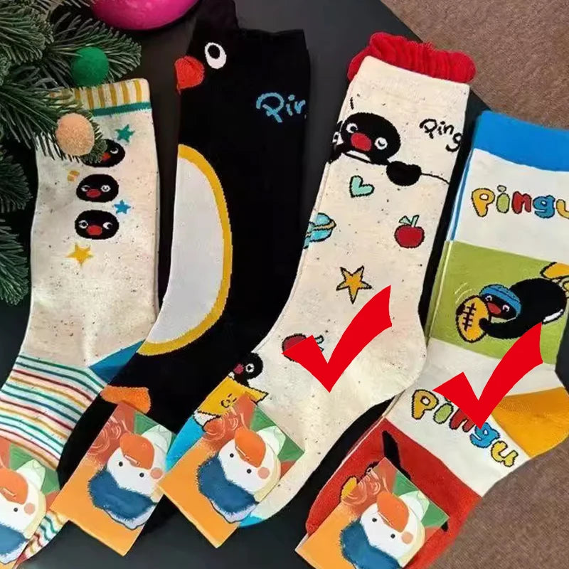1/2Pairs Autumn and Winter Season Trendy Cartoon Cute Original Versatile Animal Colorful Pattern Simple Penguin Middle Socks