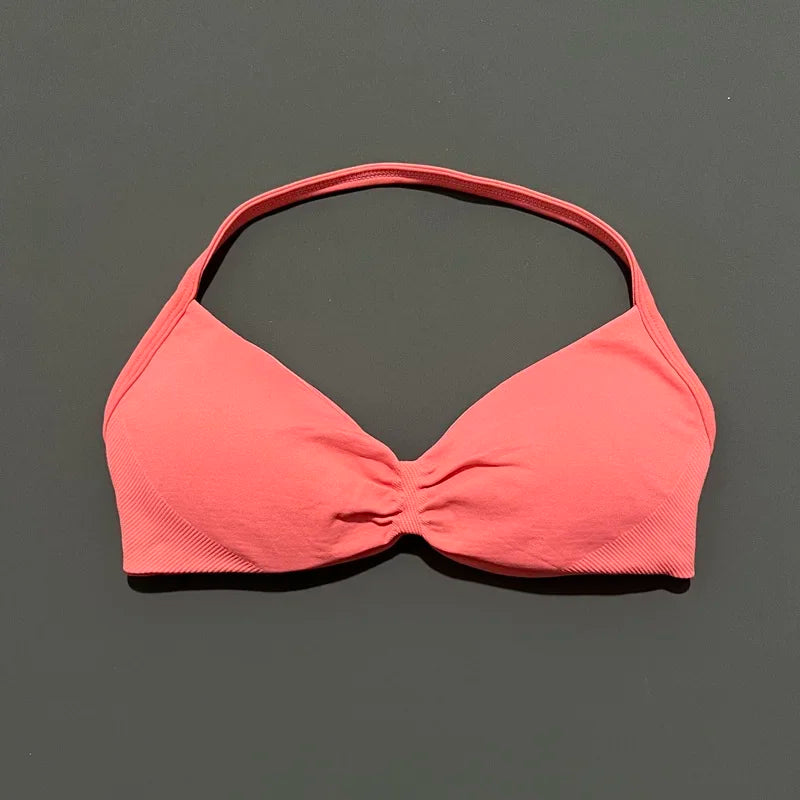 HISTELLO Strappy Bra Gym Top Women High Support Thin Strap Halter Sports Seamless Bras Scrunch Push-up Workout Yoga Tank Tops