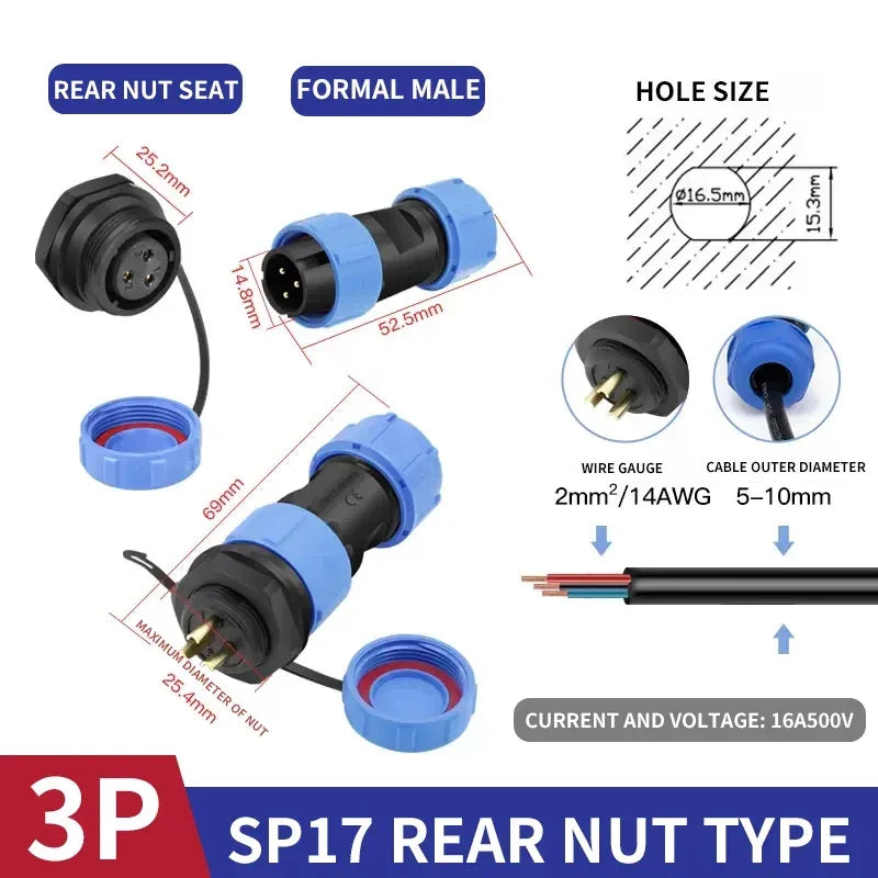 SP17 IP68 2 3 4 5 7 9 Pin Waterproof Connector Cable Adapter  Industrial Panel Mount Wire Connector Plug