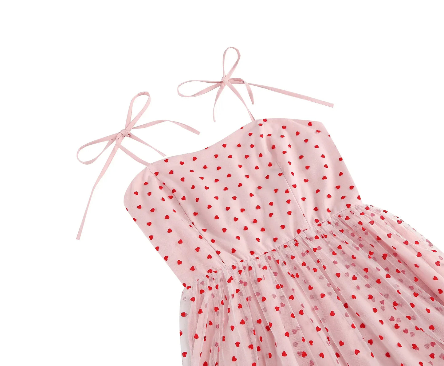Knot Strap Strawberry Patchwork Vintage Dress 2025 Heart Flocking Valentine's Day Dress Women Birthday Party Pleated Mesh Dress