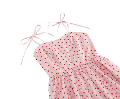 Knot Strap Strawberry Patchwork Vintage Dress 2025 Heart Flocking Valentine's Day Dress Women Birthday Party Pleated Mesh Dress