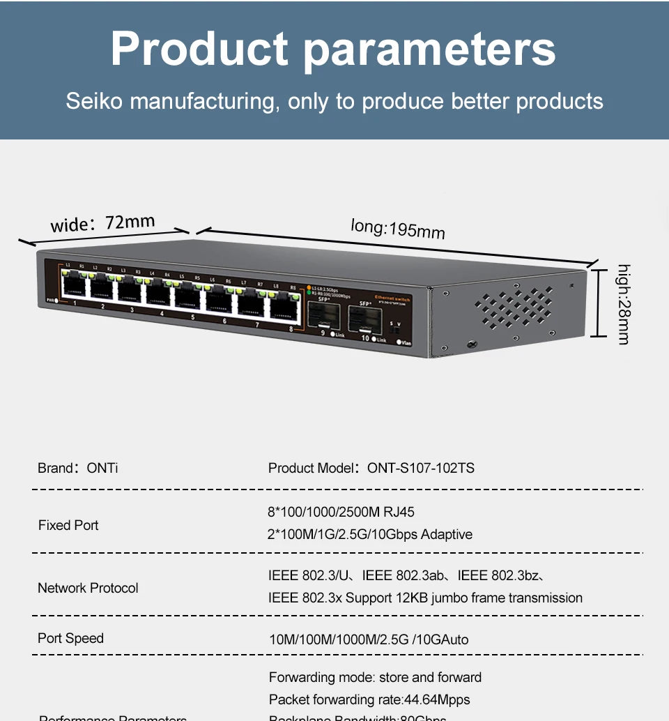 ONTi 2.5Gb Unmanaged Ethernet Switch 8 Port 2.5GBASE-T Network Switch with 10G SFP+ Port Plug and Play Fanless Homelab Switch