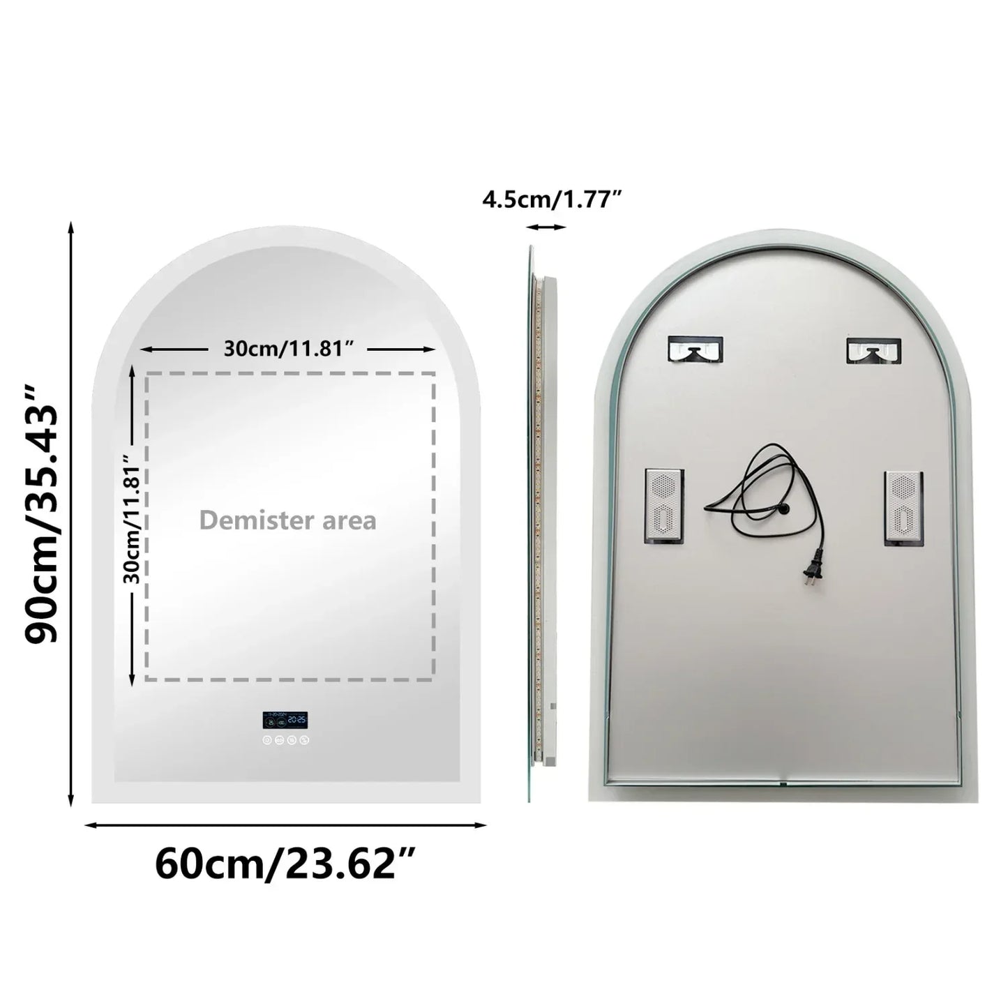 60x90CM Arched LED Mirror for Bathroom Backlight Wall Vanity Mirror w/ Bluetooth, Date and Time, Touch Antifog, Digital Display