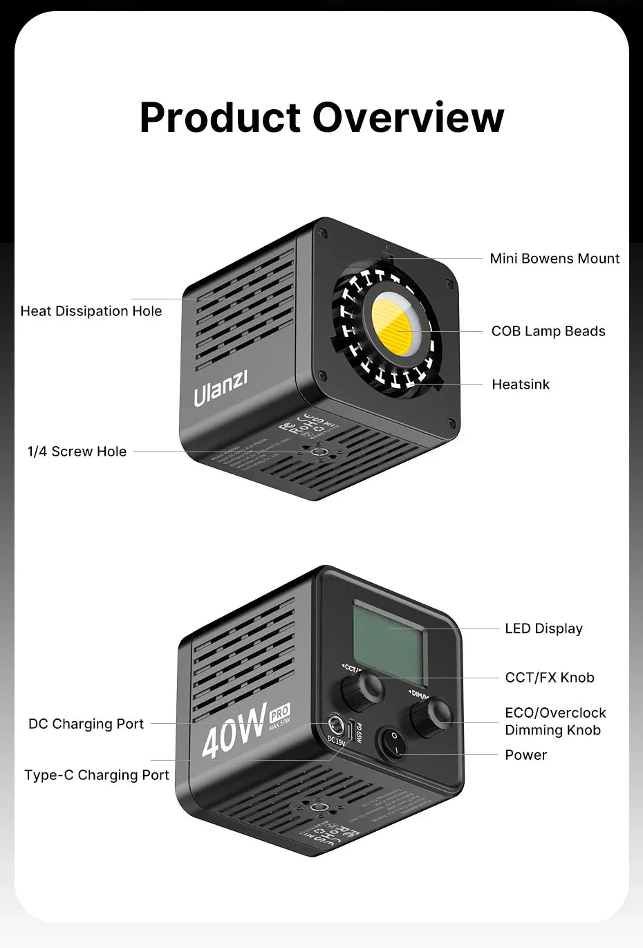 Ulanzi L023 40W Pro Portable LED Video Light Bi-Color COB Photographic Studio Light 2500K-6500K 3400mAh for Video Live-streaming