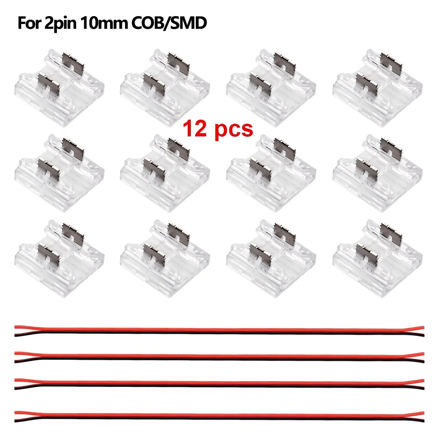 12pcs Solderless LED Connector Transparent 4 in 1 DIY Connectors with 15cm Wire For 2pin 8mm 10mm COB SMD LED Strip Lights