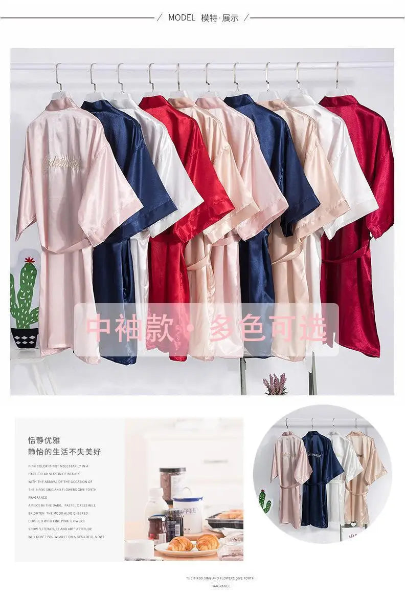 Bride Bridesmaid Wedding Robe Embroidery Kimono Bathrobe Gown Nightgown Casual Satin Short Women Sexy Nightwear Sleepwear