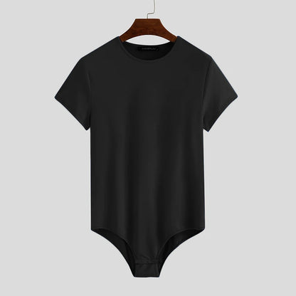 INCERUN Men Bodysuit Solid Color Pajamas Sexy 2023 Breathable Short Sleeve O-neck Rompers Underwear Fitness Men Bodysuits S-5XL