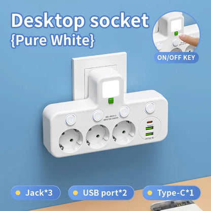EU Plug Power Strip with 3 AC Outlets +2 USB Ports+ 1 Type C, 6-in-1 Plug Socket Adapter Wireless Wall Charger for Home Office