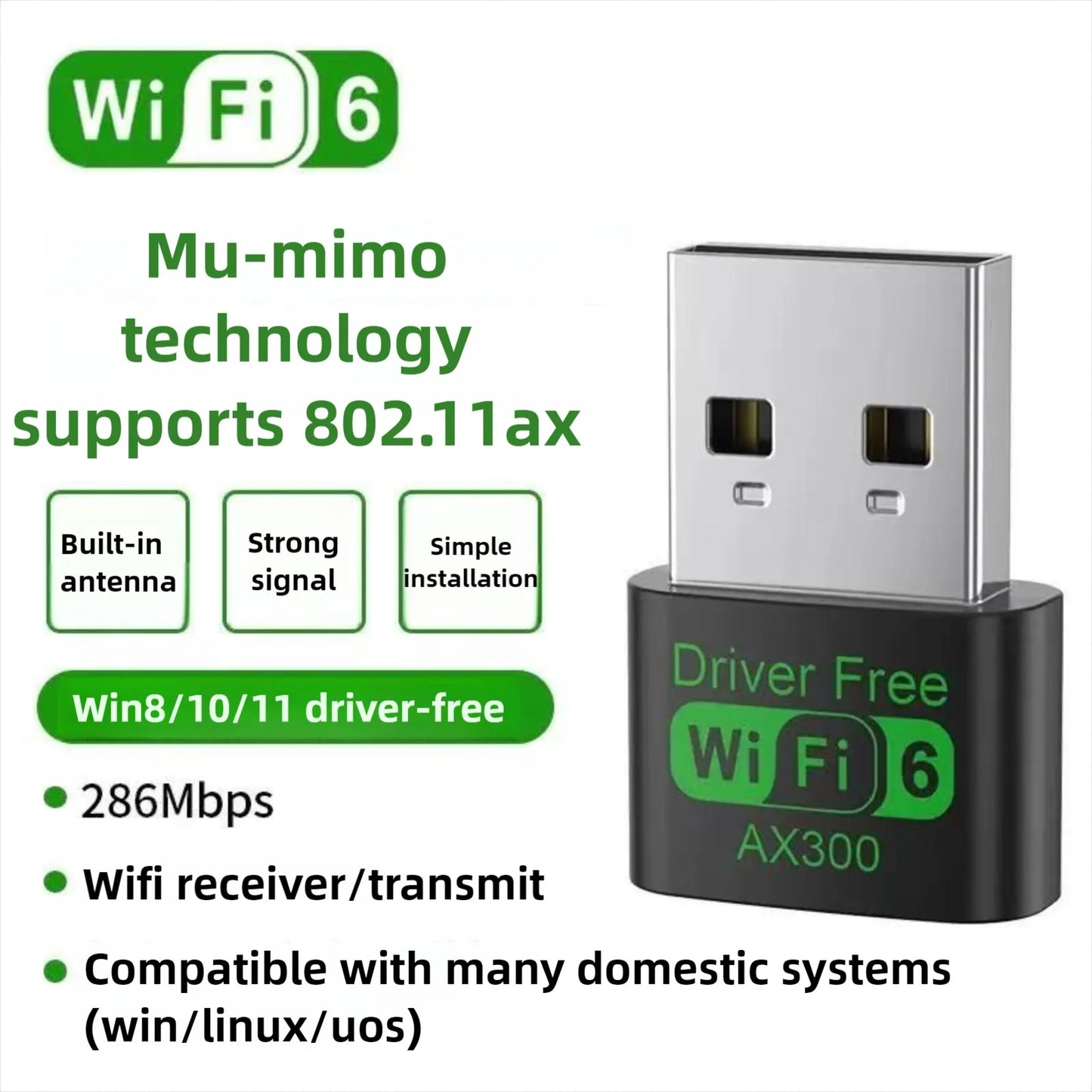 WiFi 6 AX300 WiFi USB Adapter Wireless Network Card 2.4G Wi-Fi Dongle Dual Band Antenna USB For PC/Laptop Win10/11 Driver Free