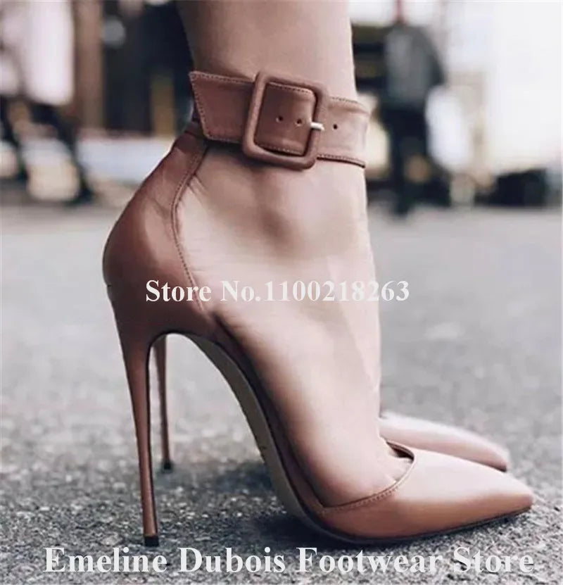 Buckle Stiletto Heel Pumps Emeline Dubois Elegant Pointed Toe Ankle Strap High Heels Black Red Nude Leather Shoes Party Shoes