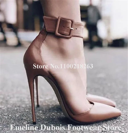 Buckle Stiletto Heel Pumps Emeline Dubois Elegant Pointed Toe Ankle Strap High Heels Black Red Nude Leather Shoes Party Shoes