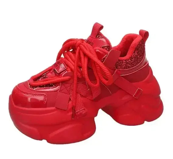 8CM Women Bling Red Chunky Sneakers Winter High Platform Warm Fur Shoes Ladies Wedges Casual Dad Shoes Leather Sports Sneakers