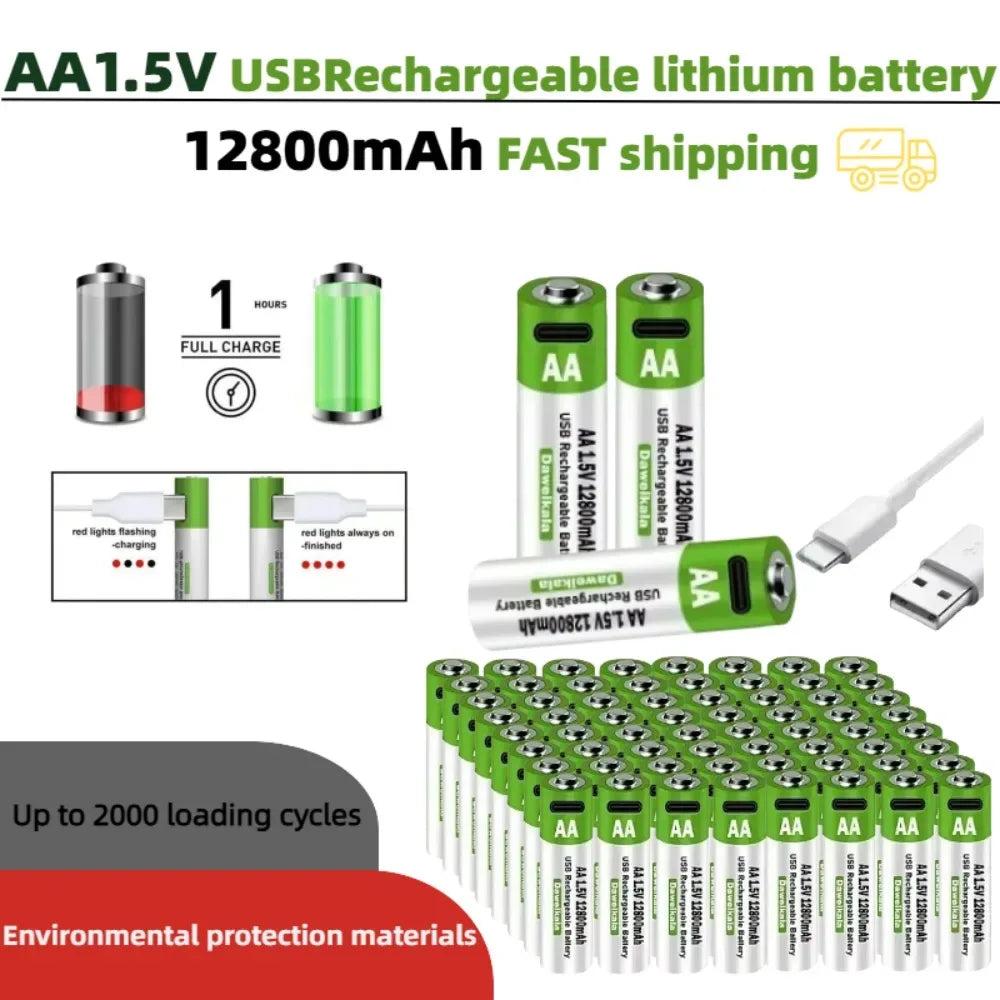 2025 New AA 1.5V USB Rechargeable Li-ion Battery 12800mAh Battery W/Type-C Cable for Toy Remote Control Mouse Electric Battery