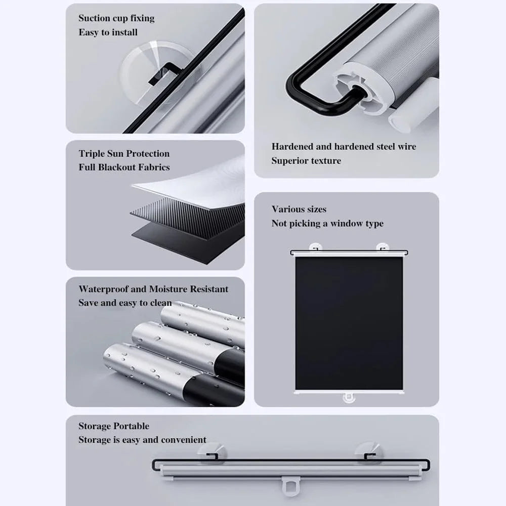Cordless Retractable Roller Shades Black Home Office Windows Sunshade Thermal Blinds Without Drilling Blackout Curtain