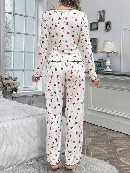 Women Pajamas Set Autumn Winter Sleepwear Round Neck Floral Printed Long Sleeve Tops and Trousers Home Wear Loungewear