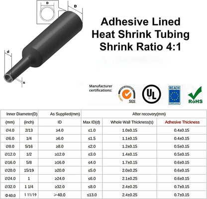 1M 4:1 4/6/8/12/16mm Heat Shrink Tubing Marine Grade Waterproof Adhesive Lined Black Polyolefin Sleeving Wrap Shrinking 4 to 1