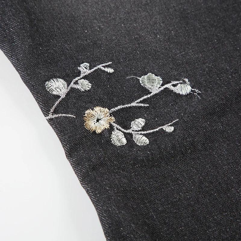 Floral Embroidery Jeans Women Y2K Streetwear Baggy Denim Pants Vintage 2000S Low Rise Flared Jeans Female High Street Trousers