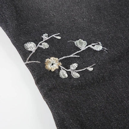 Floral Embroidery Jeans Women Y2K Streetwear Baggy Denim Pants Vintage 2000S Low Rise Flared Jeans Female High Street Trousers