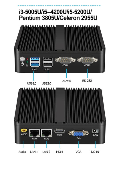 XCY Fanless Mini PC Intel Core I5-5200U I3-5005U Dual GbE LAN 2x RS-232 Serial Ports 4x USB Embedded IPC WiFi Windows Linux