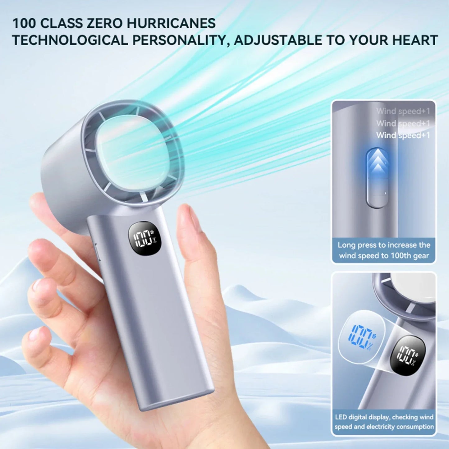 Night Light Cooling Fan 5000mAh Handheld Cooling Fan Portable Handheld Turbo Fan 100 Wind Speeds Adjustable Mini Personal Fan