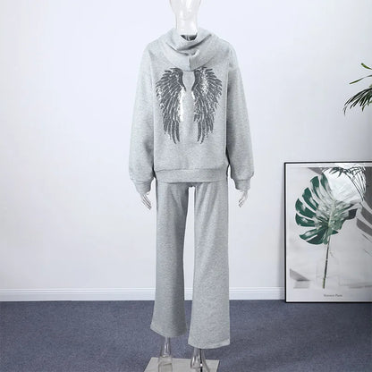 Casual Sequined Angel Wings Oversized Hoodie Women Loose Grey Long Sleeve Street Warm Pullover 2025 Winter Lady Daily Wear New