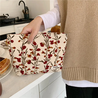 Cosmetic Bag Women Floral Makeup Case Organizer Korean Embroidery Cosmetic Pouch Travel Toiletry Bag Corduroy Canvas Beauty Case