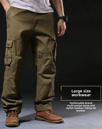 Cross-Border Men's Cargo Pants Spring Autumn Loose-Fit Pure Cotton Multi-Pocket Plus Size Straight-Leg Casual Pants