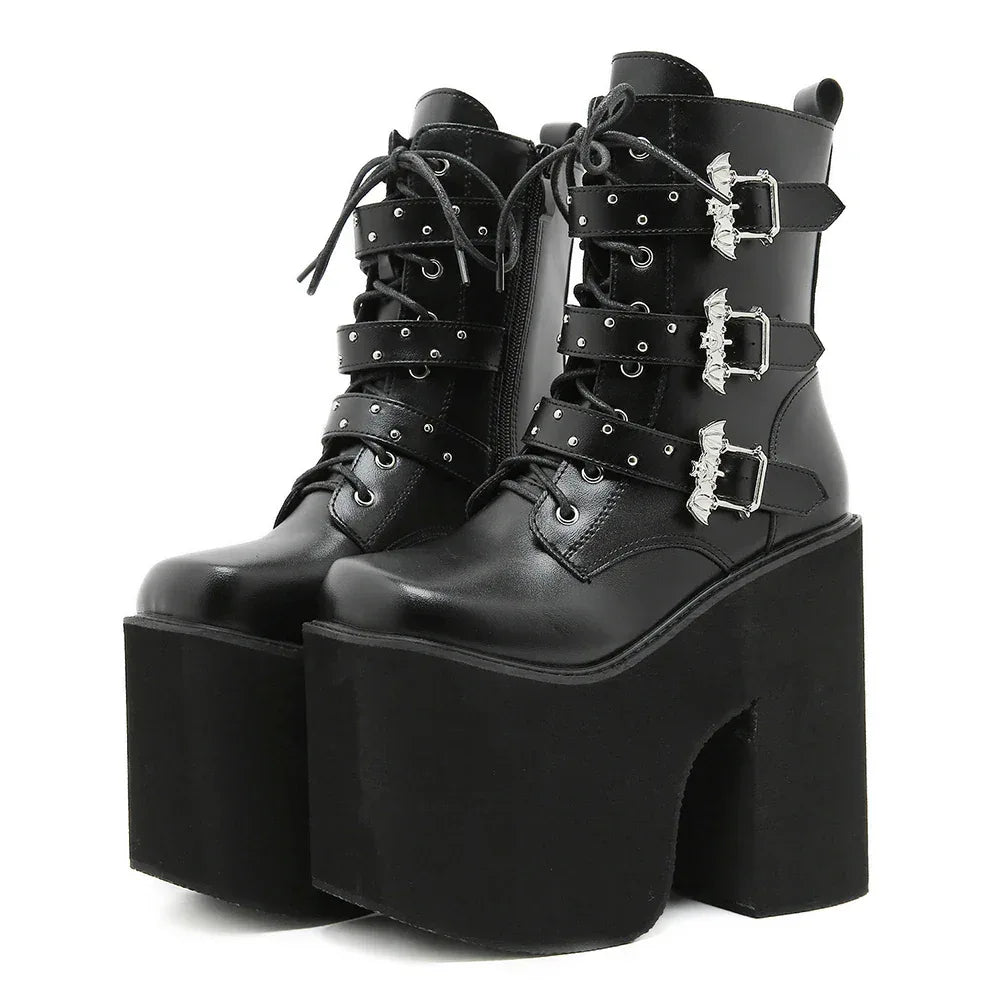 Gdgydh Lace up Chunky Heel Mid Calf Booties for Women Block High Heel Platform Combat Boots Gothic Metal Bat Gothic Shoes