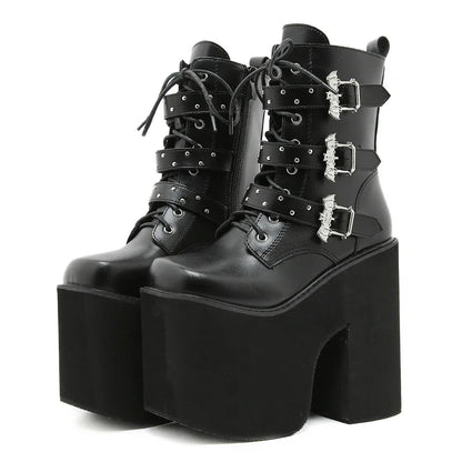 Gdgydh Lace up Chunky Heel Mid Calf Booties for Women Block High Heel Platform Combat Boots Gothic Metal Bat Gothic Shoes