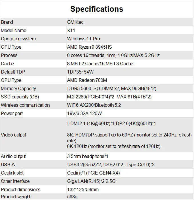 GMKtec K11 Mini PC AMD Ryzen 9 8945HS PC Gaming OCuLink DDR5 5600MHz 16GB/32GB RAM 512GB/1TB SSD Barebone USB4 Dual 2.5G LAN