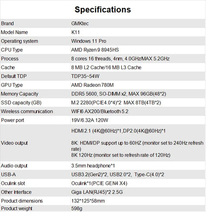 GMKtec K11 Mini PC AMD Ryzen 9 8945HS PC Gaming OCuLink DDR5 5600MHz 16GB/32GB RAM 512GB/1TB SSD Barebone USB4 Dual 2.5G LAN