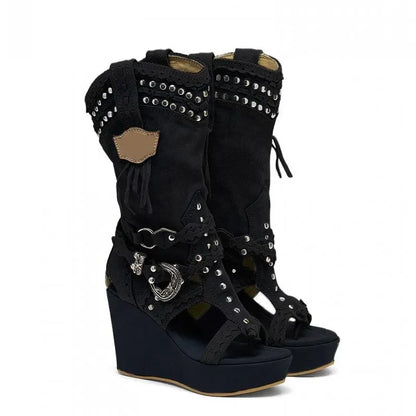 Zipper Shoes Boots Women New 2025 Round Toe Large Size Elegant Wedge Cowboy Ladies High Heel Shallow PU Canvas Casual Fabric Sol
