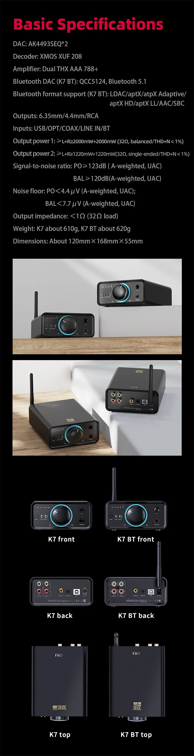 FiiO K7/K7BT  Balanced HiFi DAC Headphone Amplifier AK4493S*2, XMOS XU208 PCM384kHz DSD256,USB/Optical/Coaxial/RCA Inputs