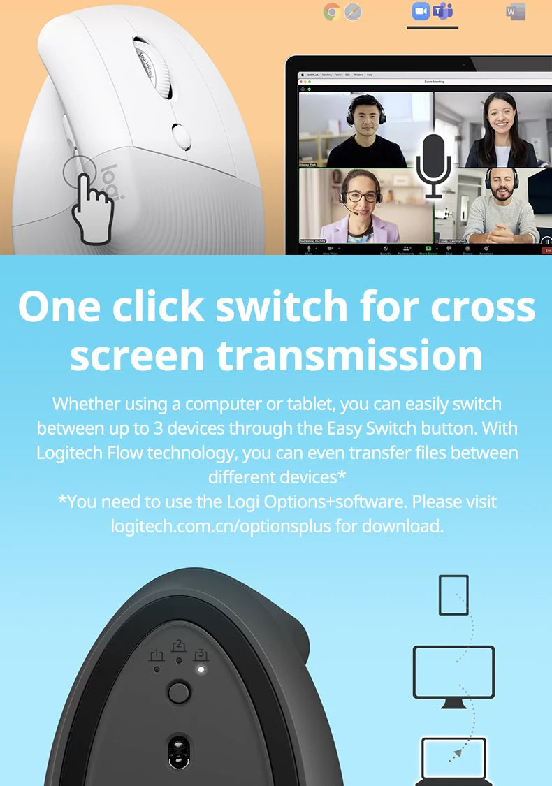 Logitech Lift Vertical Mouse  Ergonomic Wireless With Silent Click Bluetooth/Usb Dual Mode For Pc Laptop Tablet Wrist Pain