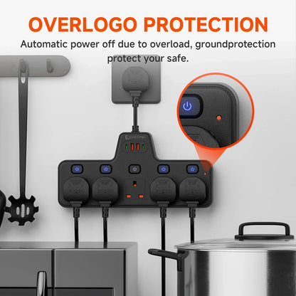 2500W UK Plug Power Strip Wall Mounted Independent Switches, Multitap Network Filter USB-C Ports 2.1A Fast Charging Adapter