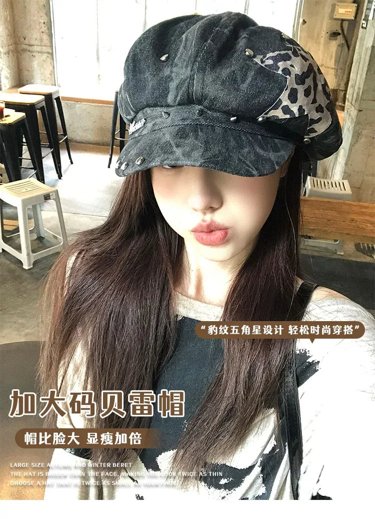 American Punk Style Rivet Star Design Octagonal Hats for Women Spring and Autumn Casual Versatile Retro Washed Denim Berets Cap