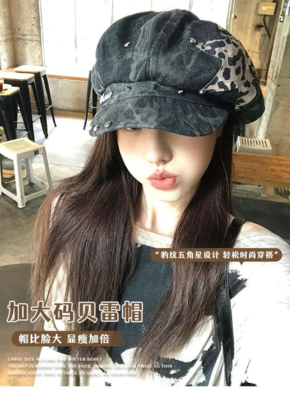 American Punk Style Rivet Star Design Octagonal Hats for Women Spring and Autumn Casual Versatile Retro Washed Denim Berets Cap
