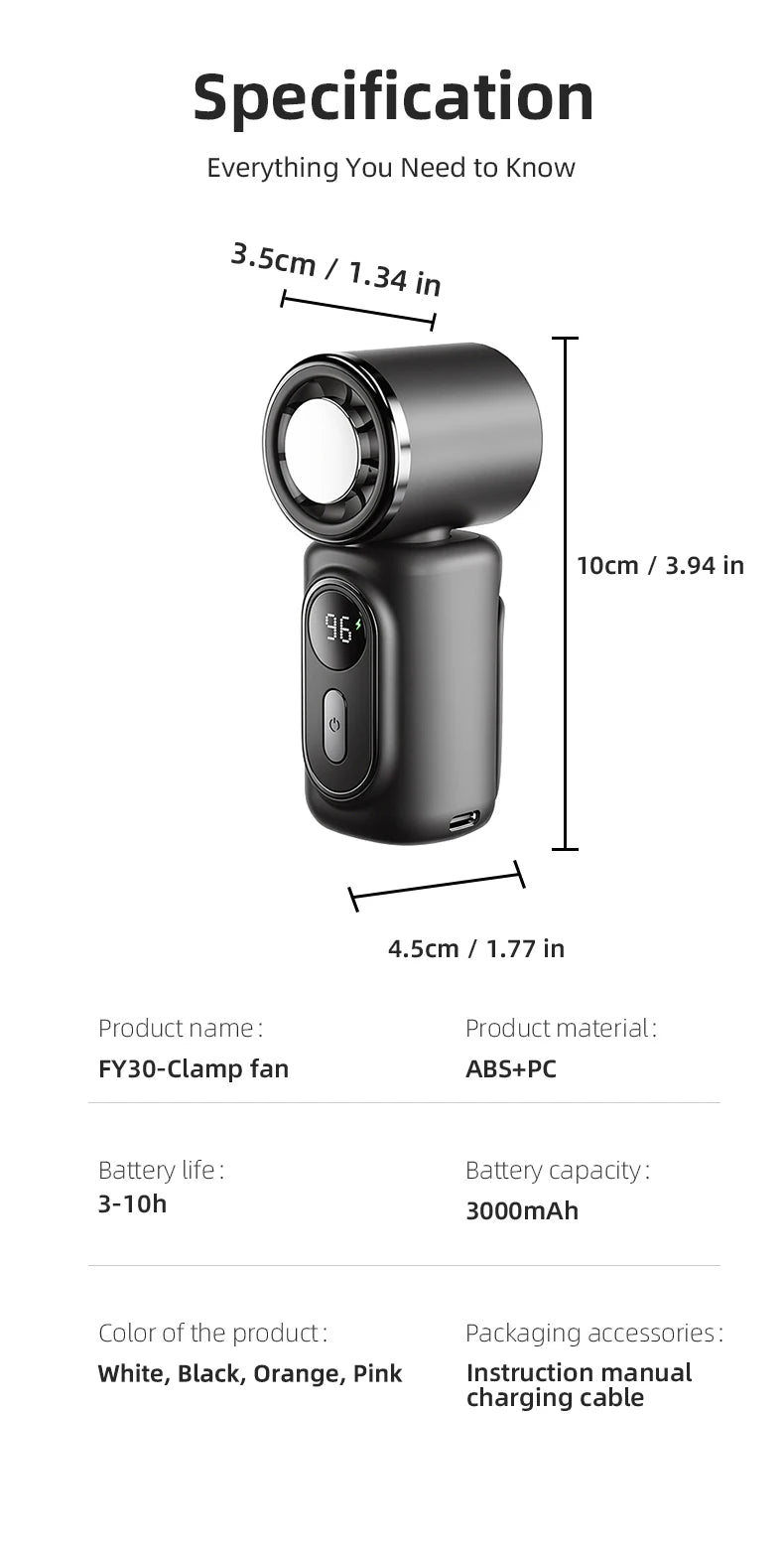 Mini Ice Compress Fan High Speed Cooling Ice Pack Fan 3000mAh 5 Speeds 180°Adjustable LED Display USB Rechargeable Portable Fans