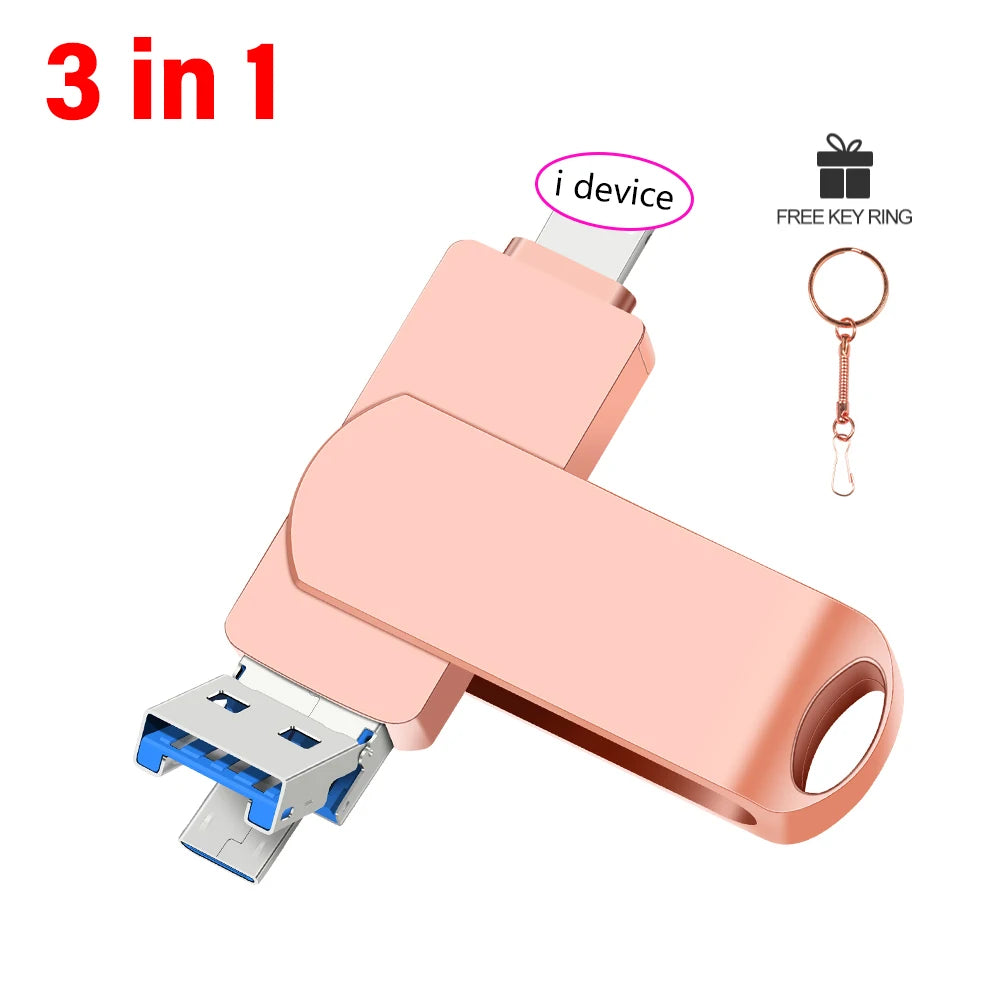 Rotate USB 3.0 Flash Drive 8GB 16GB with 3-in-1 Type-C to Lightning Interface 32GB Pendrive for iPad 11/12/13/14