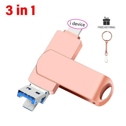 Rotate USB 3.0 Flash Drive 8GB 16GB with 3-in-1 Type-C to Lightning Interface 32GB Pendrive for iPad 11/12/13/14