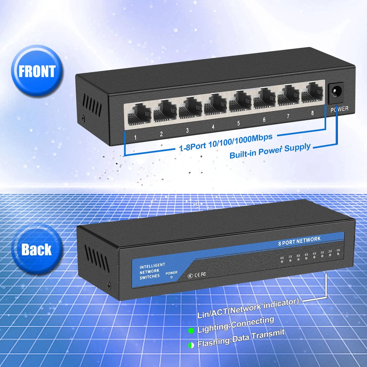 TEROW 8 Ports Ethernet Switch Gigabit Network Switch 100 1000Mbps Gigabit Switch Fast RJ45 LAN Hub for ip camera NO POE